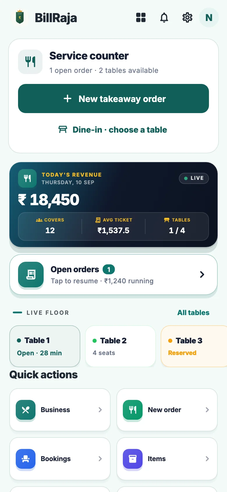 BillRaja restaurant workspace with illustrative table and order data