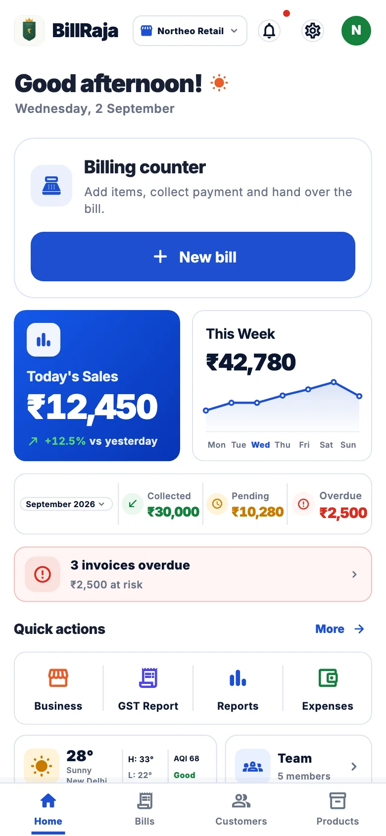 BillRaja app preview showing a retail dashboard with sample data