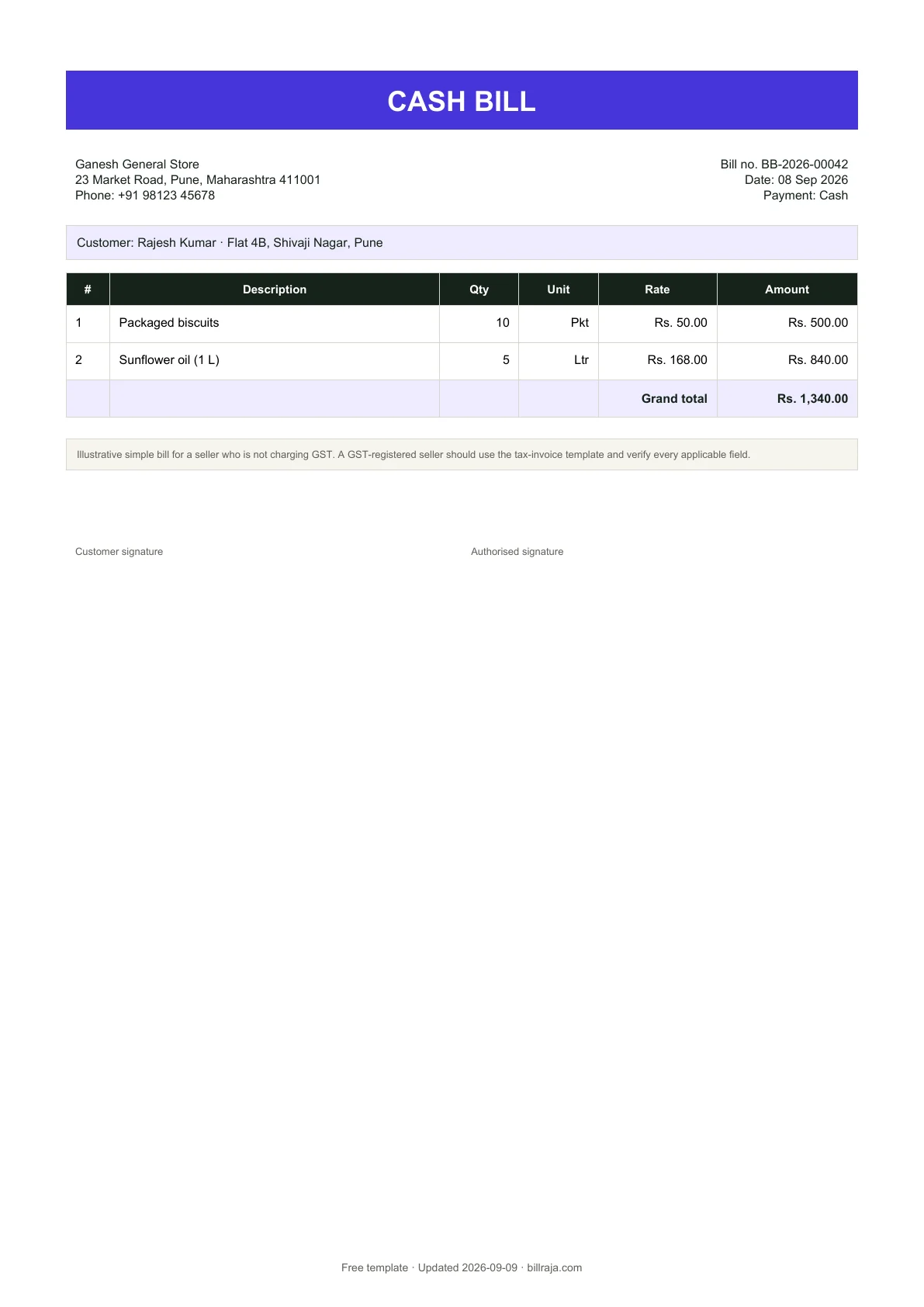 An example of a clear itemised business bill