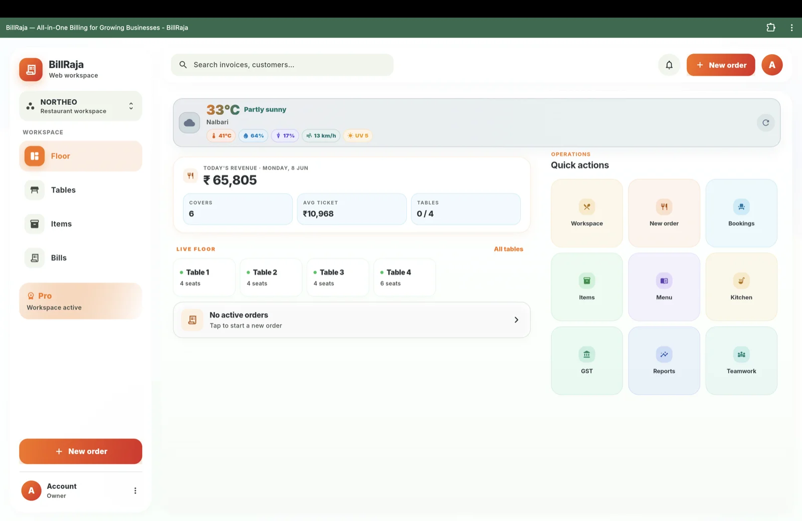 BillRaja restaurant workspace on the web with live floor, tables and quick actions.